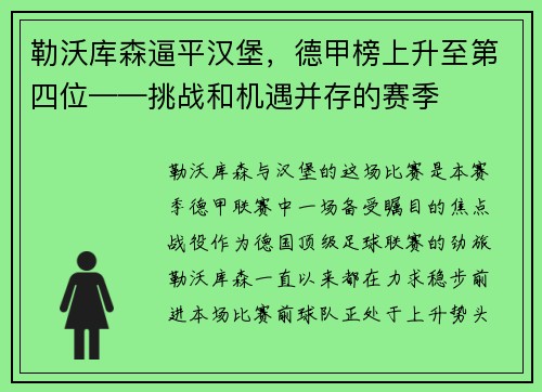 勒沃库森逼平汉堡，德甲榜上升至第四位——挑战和机遇并存的赛季