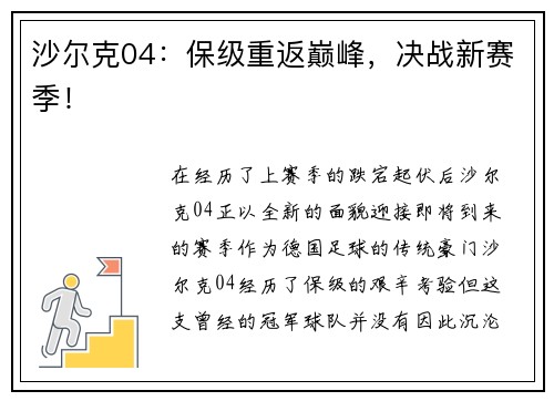 沙尔克04：保级重返巅峰，决战新赛季！